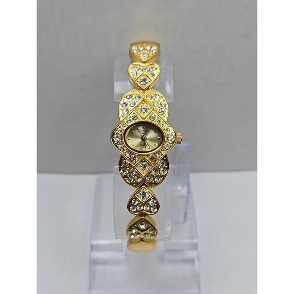 Diplomat Japan Quartz Heart Link Rhinestone Gold Tone Bracelet Watch New Battery - Picture 1 of 12
